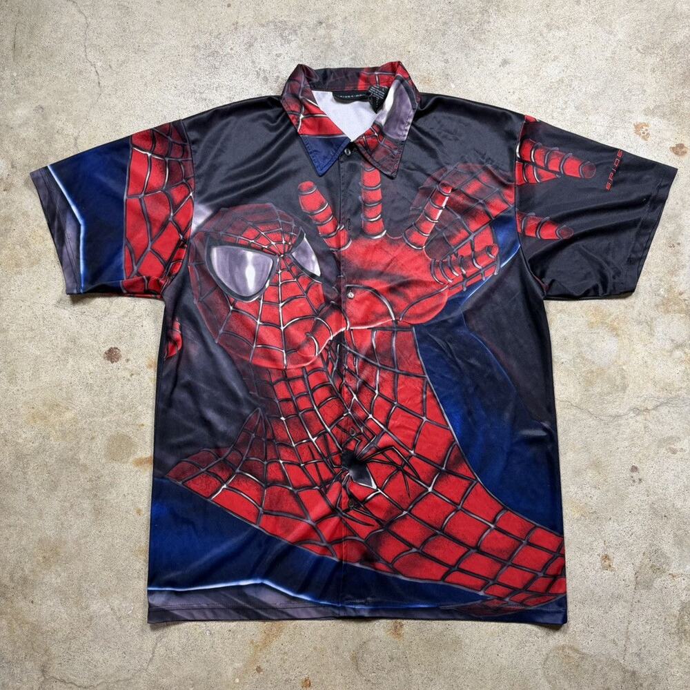 VTG 2002 Spider-Man Movie Promo AOP Button Up Shirt Size L